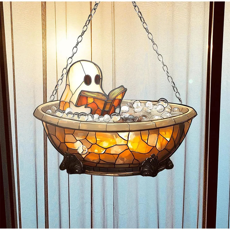Halloween Ghost Reading Book Window Ornament | Colorful Acrylic Suncatcher