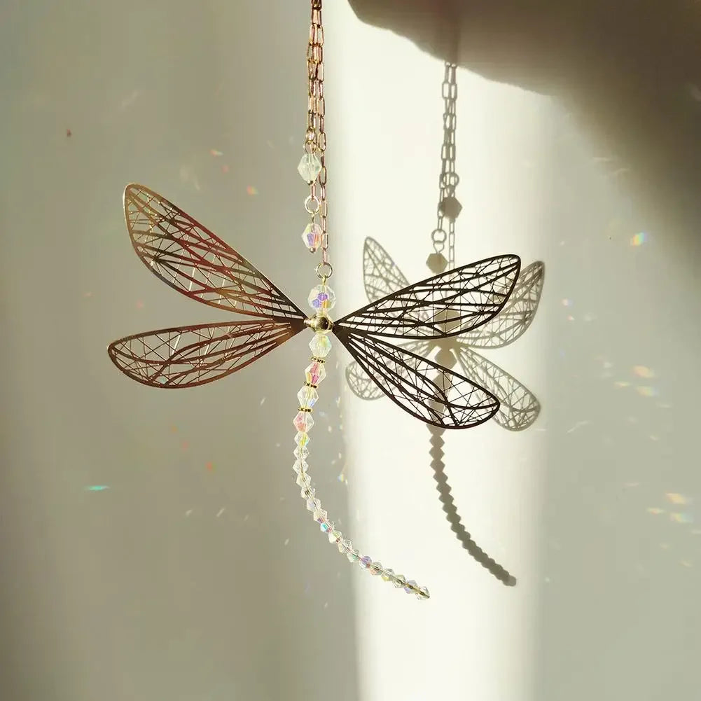 Golden Dragonfly Crystal Suncatcher Wind Chime Pendant