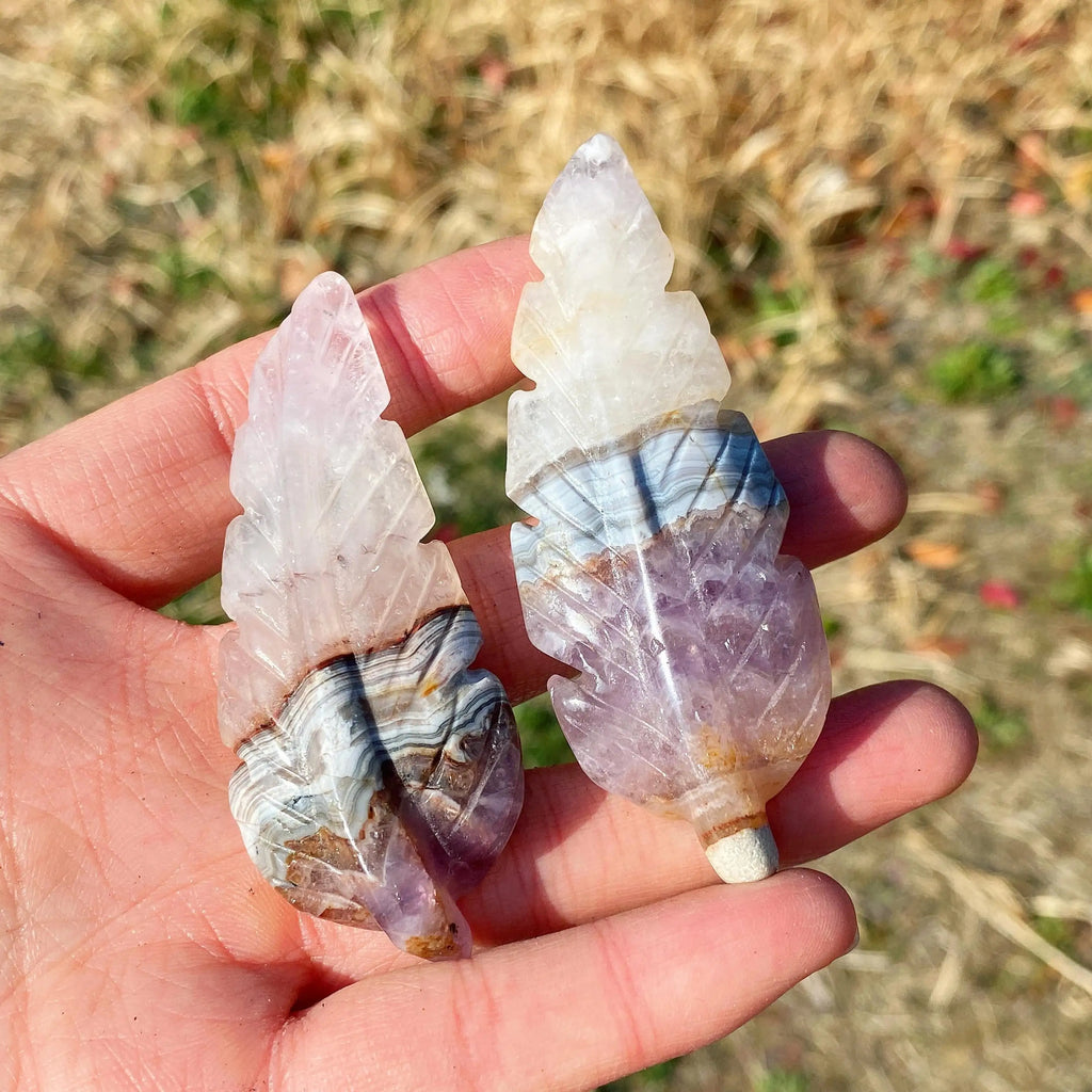 Hand-Carved Crystal Feather Sculpture | Amethyst & Crazy Lace Agate