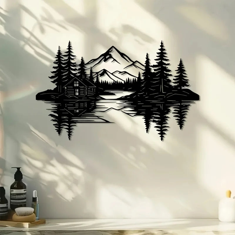 Lakeside Cabin & Mountain Metal Wall Art