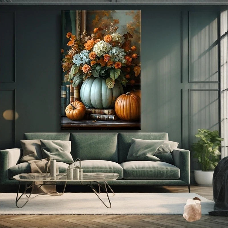 Autumn Pumpkin & Floral Canvas Print | Unframed Wall Art