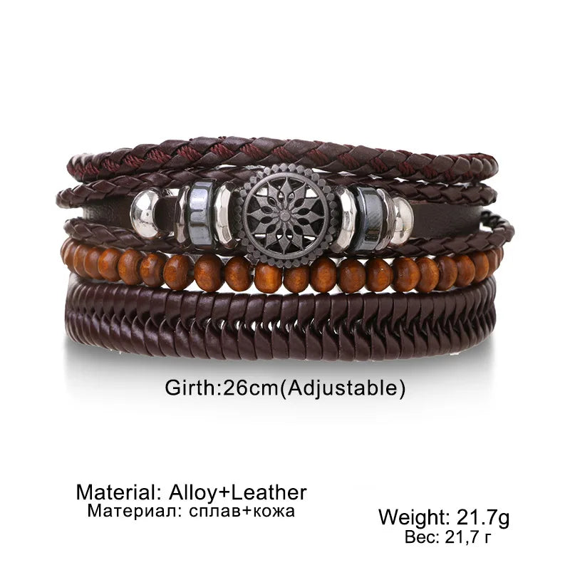 Boho Leather Wrap Bracelet Set — 4 Piece Layering Bracelet Gift Set
