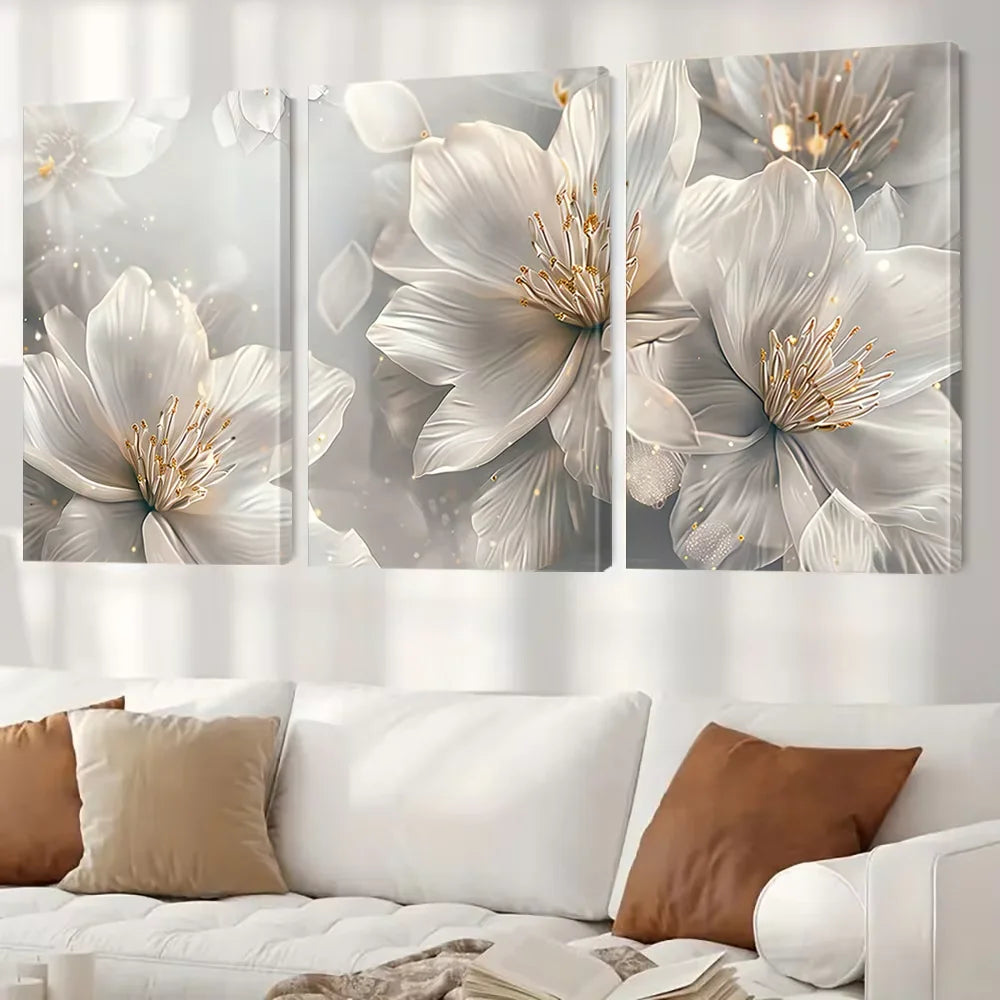 White Flower Canvas Wall Art — Set of 3 Abstract Floral Prints