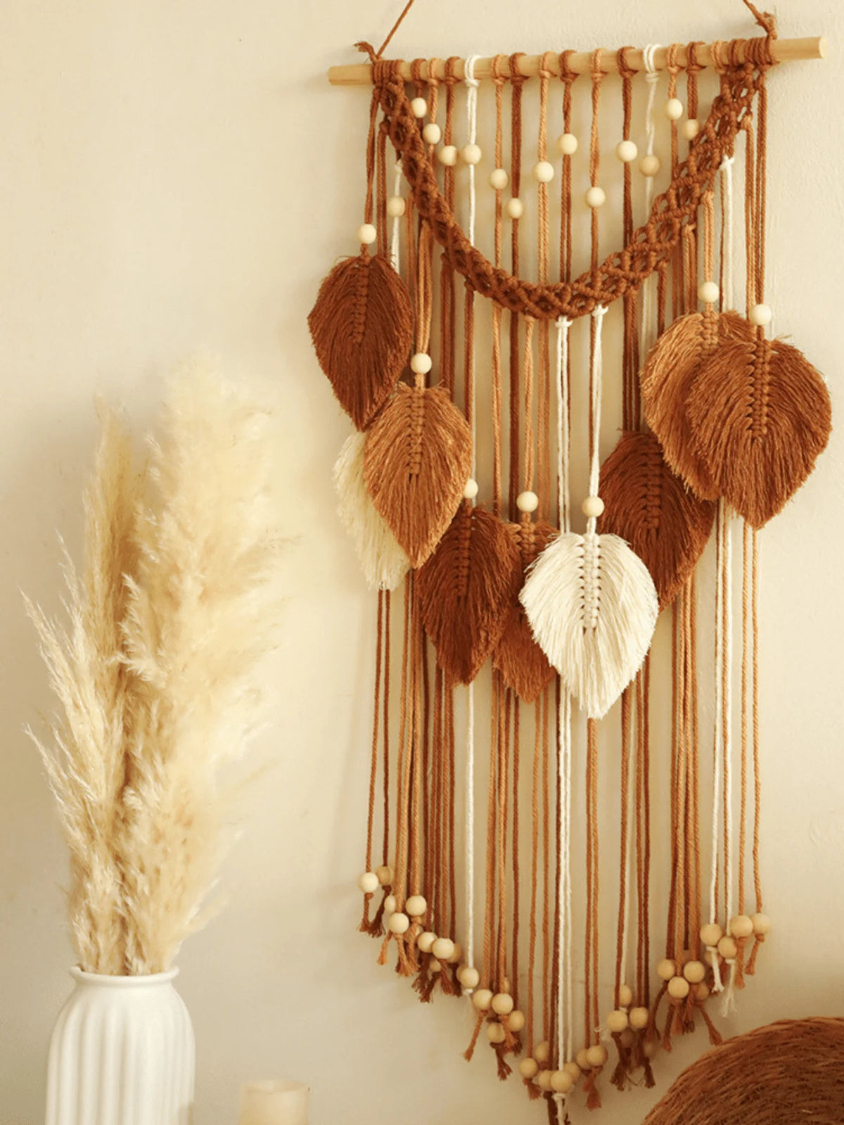 Boho Macrame Wall Hanging | Cotton Leaf Pattern Tapestry with Wood Beads 40x76cm