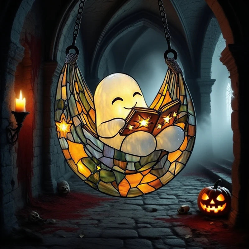 Halloween Ghost Reading Book Window Ornament | Colorful Acrylic Suncatcher