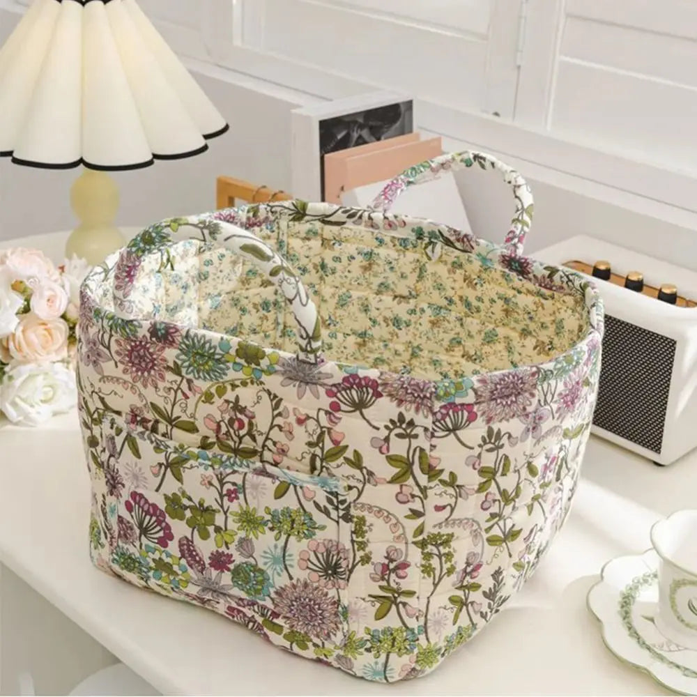 Quilted Floral Storage Basket — Collapsible Fabric Organizer Bag