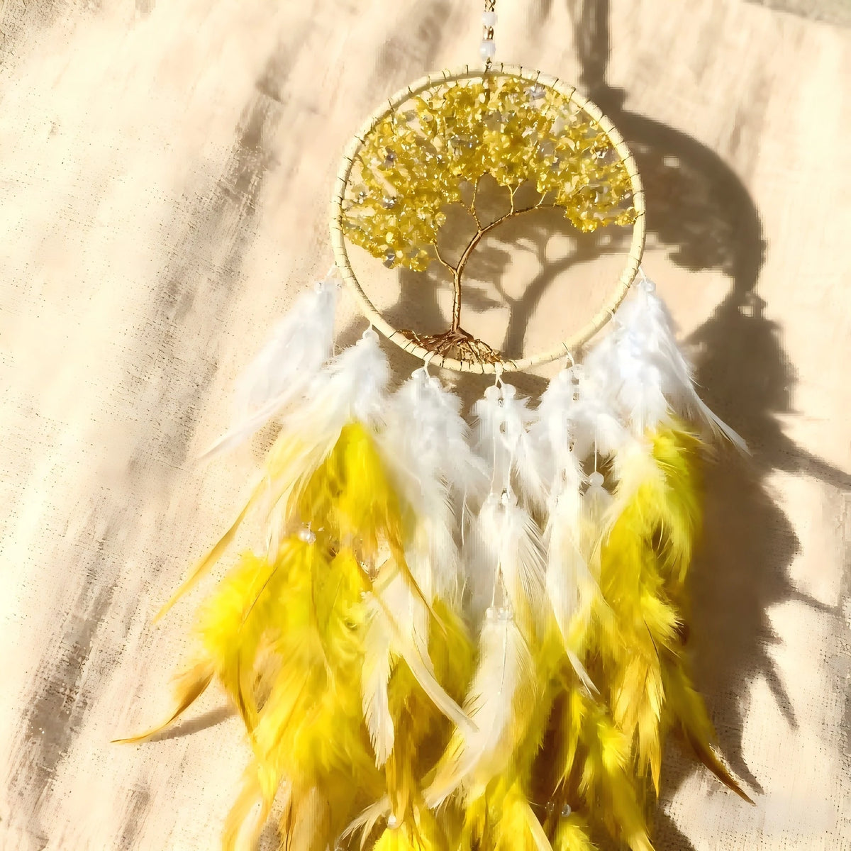 Crystal Tree of Life Dreamcatcher — Boho Feather Wall Hanging