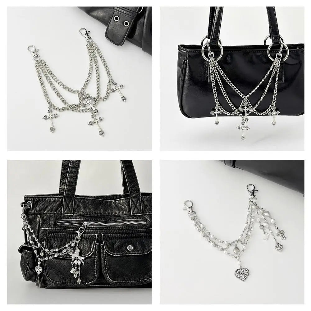 Gothic Multi-Layer Chain Bag Charm – Heart, Bow & Tassel Alloy Pendant with Lobster Clasp