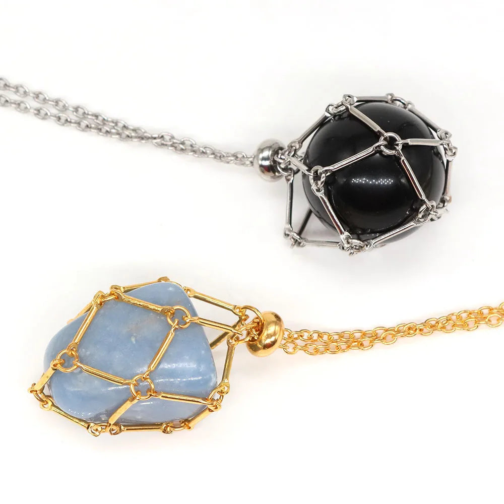 Crystal Cage Necklace Pendant — Adjustable Stone Holder Net in Silver, Gold & Black