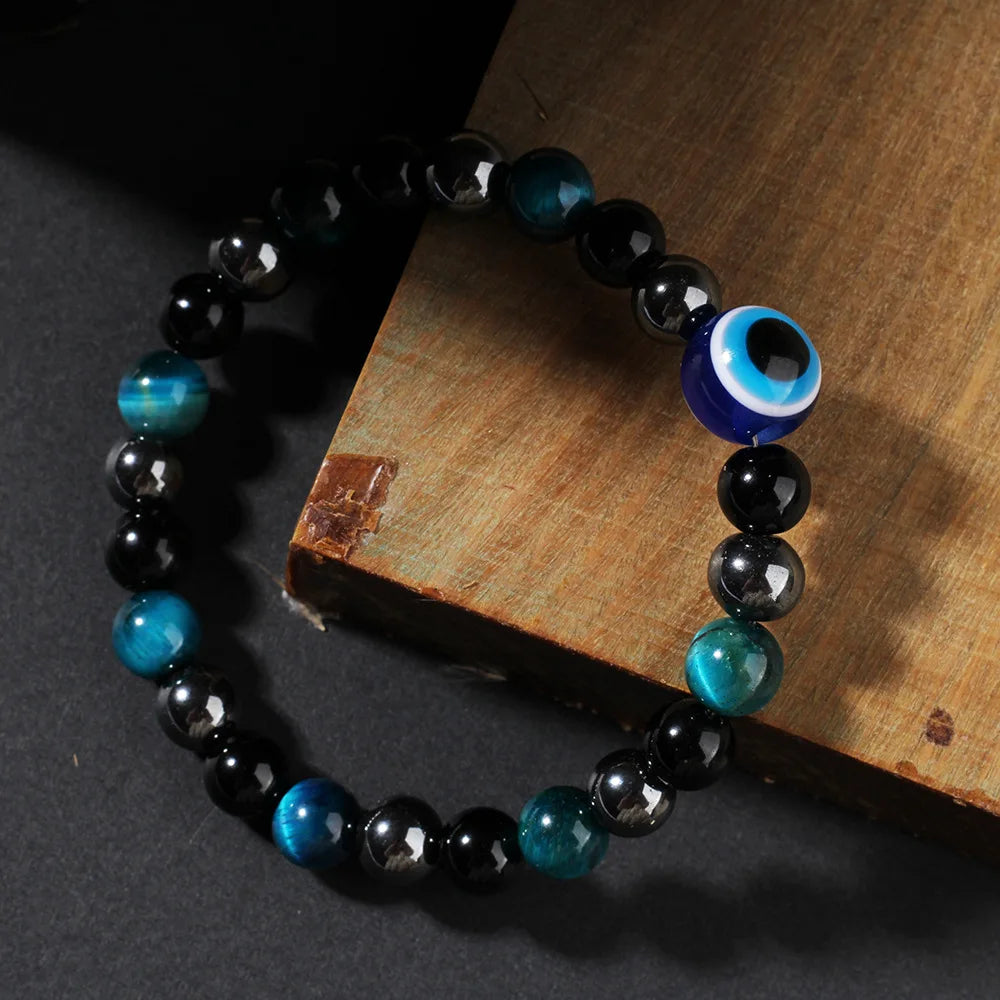 Triple Protection Bracelet — Tiger’s Eye, Black Obsidian & Evil Eye Handmade Beaded Bracelet
