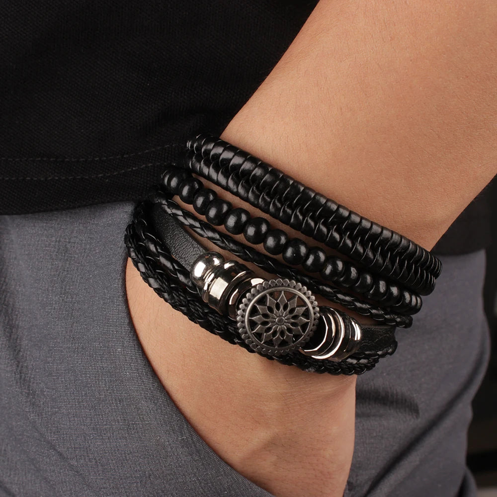 Boho Leather Wrap Bracelet Set — 4 Piece Layering Bracelet Gift Set
