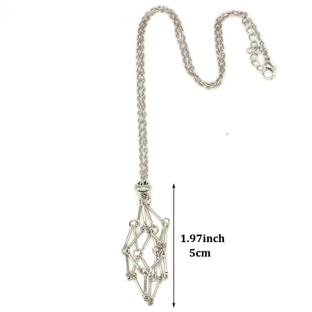 Crystal Cage Necklace Pendant — Adjustable Stone Holder Net in Silver, Gold & Black