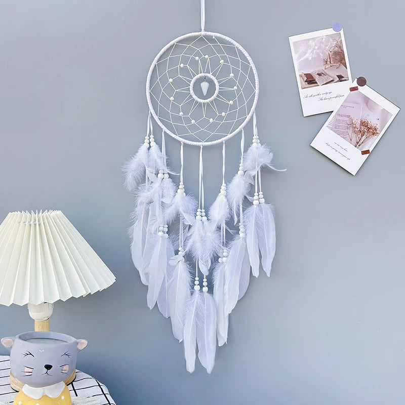 Nordic Dream Catcher Handmade  White Feather Wind Chimes Crystal Wall Pendant Birthday Festival Gifts Bedroom Hanging Ornaments