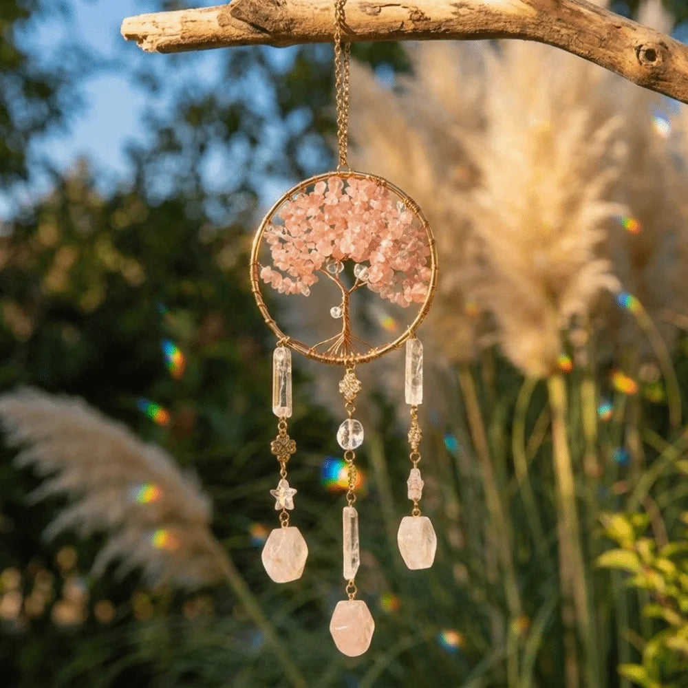 Rose Quartz Tree of Life Suncatcher | Boho Window Hanging