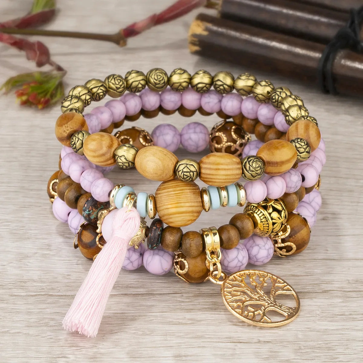 Boho Tree of Life Bracelet Set | Tassel Charm Wooden Bead Bangle for Women