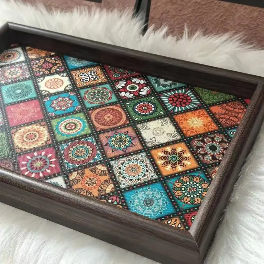 Bohemian Mosaic-Pattern Wooden Tray | 30 × 20 cm