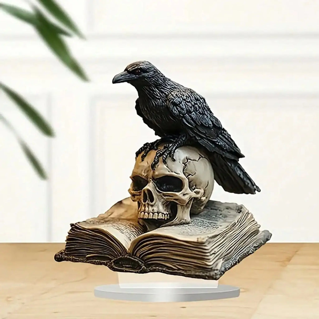 Gothic Black Crow Skull Sculpture | 2D Acrylic Desktop Decor | Halloween & Boho Home