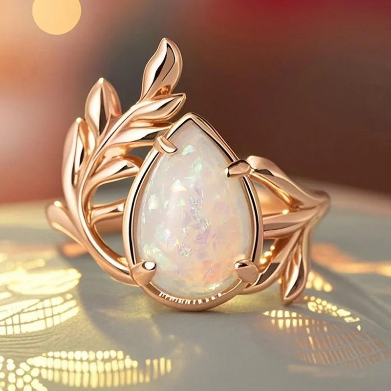 Opal-Look Teardrop Leaf Ring | Gold-Tone Boho