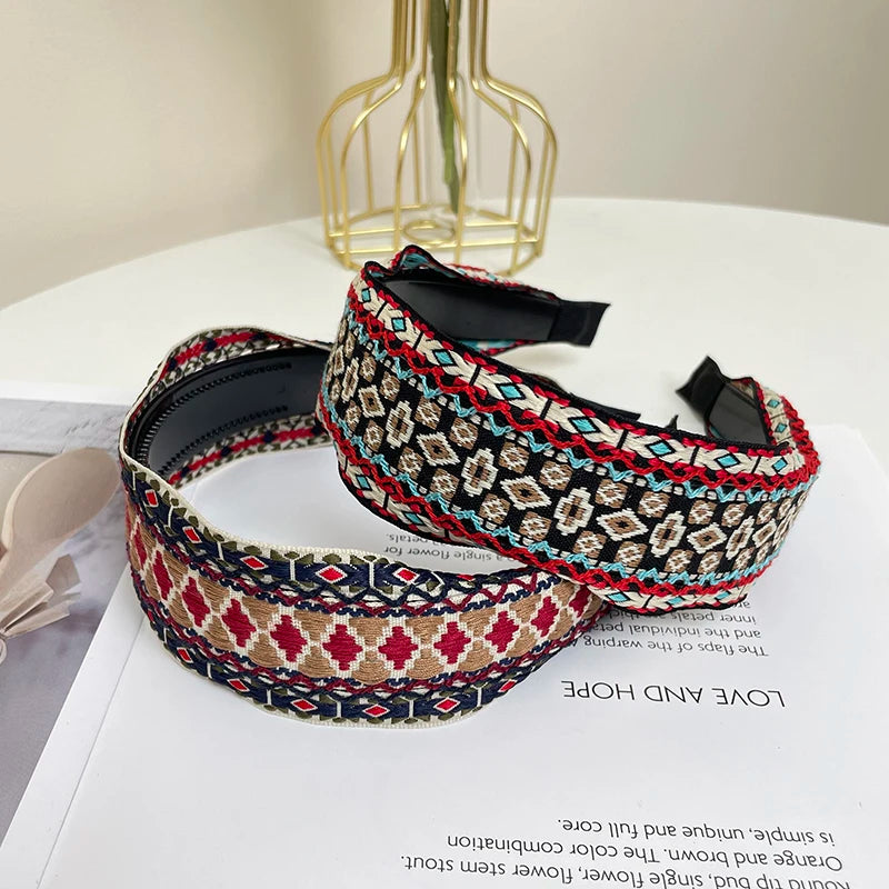 Boho Knitted Wide Headband | Embroidered Fabric Hair Band for Women & Girls