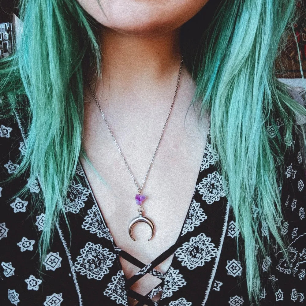 Silver Crescent Moon & Purple Crystal Witch Necklace