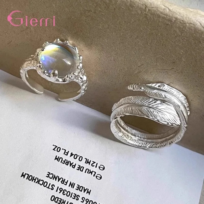 Moonstone Open Ring | 925 Sterling Silver | Resizable | Moonstone, Leaf & Set Options
