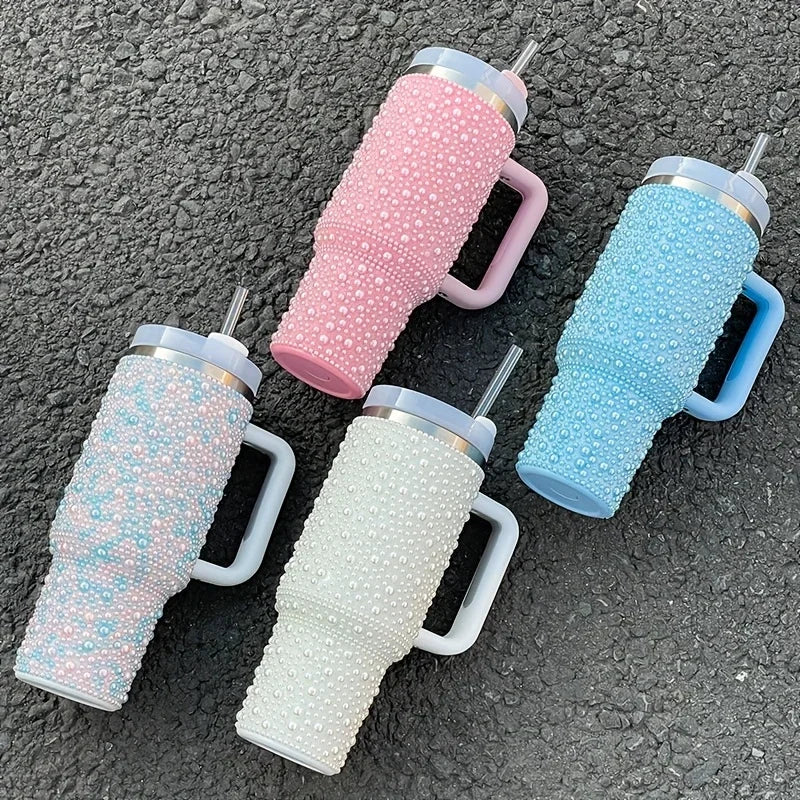 40oz Pearl & Rhinestone Tumbler | Vacuum Insulated Wide Handle Car Cup