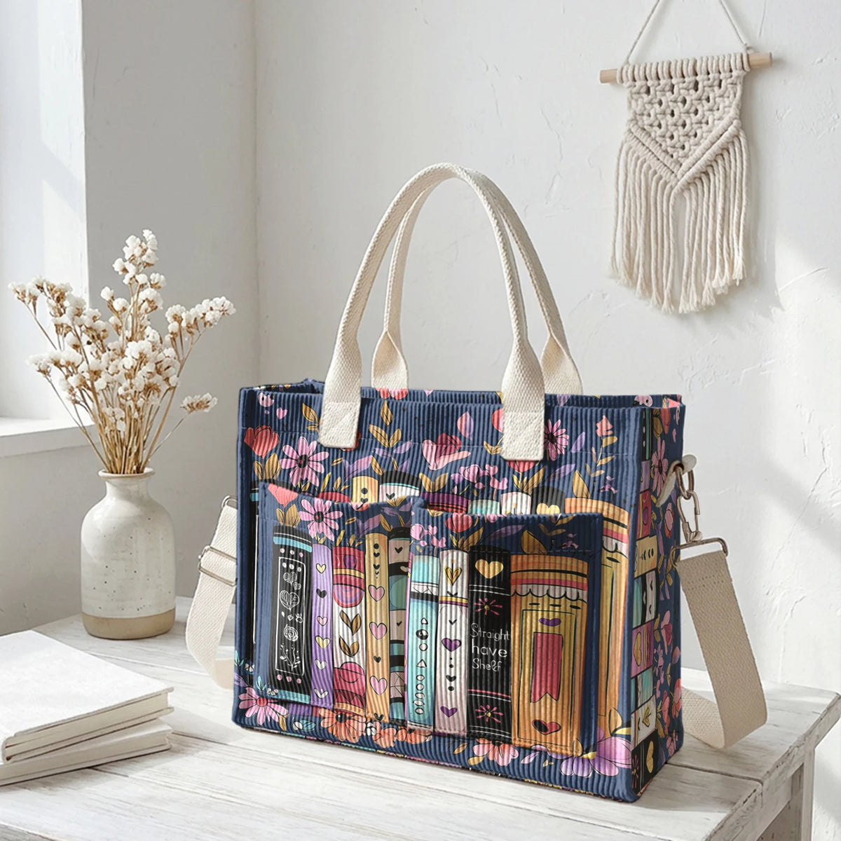 Books & Flowers Corduroy Tote Bag | Choose Your Color