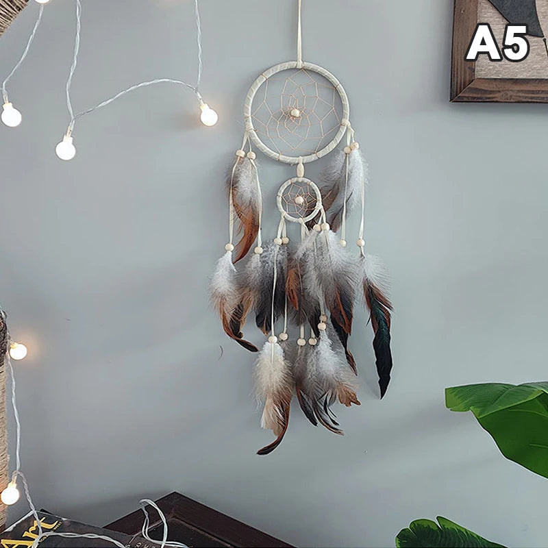 Boho Feather Dream Catcher – Handwoven Double-Ring Wall Hanging | Earth Tones