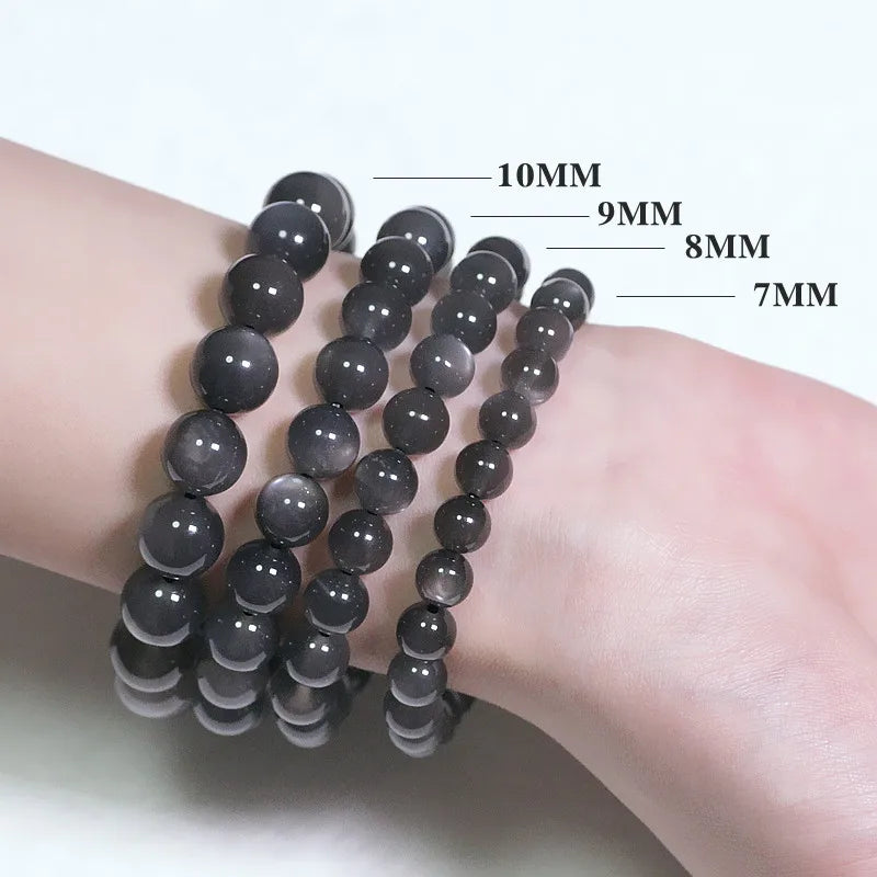 Natural Black Sunstone Bead Bracelet | Round Crystal Gemstone | 7mm–10mm