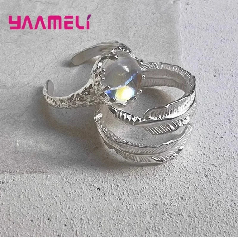 Moonstone Open Ring | 925 Sterling Silver | Resizable | Moonstone, Leaf & Set Options