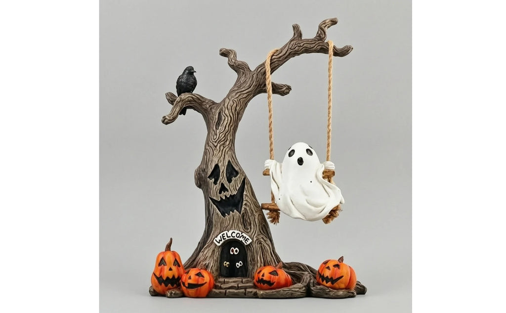 Halloween Haunted Tree with Swinging Ghost Figurine | Spooky Resin Tabletop Decor