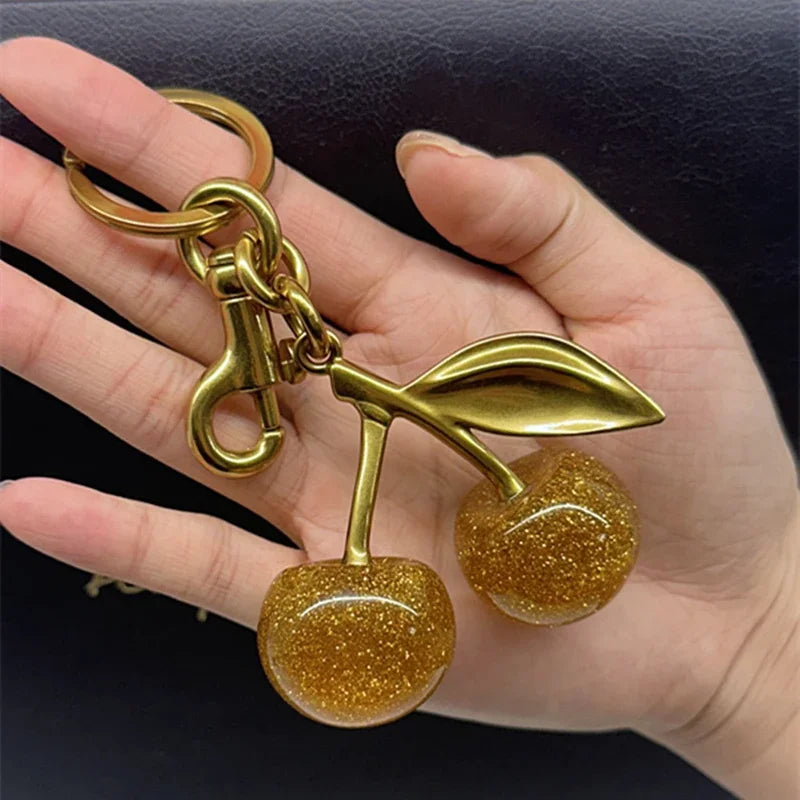 Gold Cherry Bag Charm Keychain | Sparkling Pendant Decoration for Handbags & Totes
