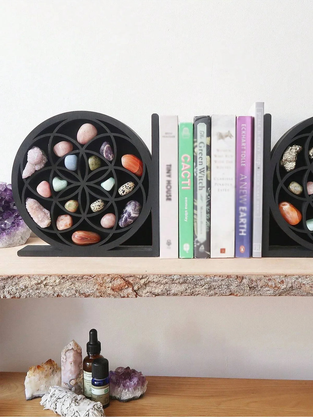 Crystal Sun & Moon Shelf Bookends — Decorative Wood & Crystal Book Holder