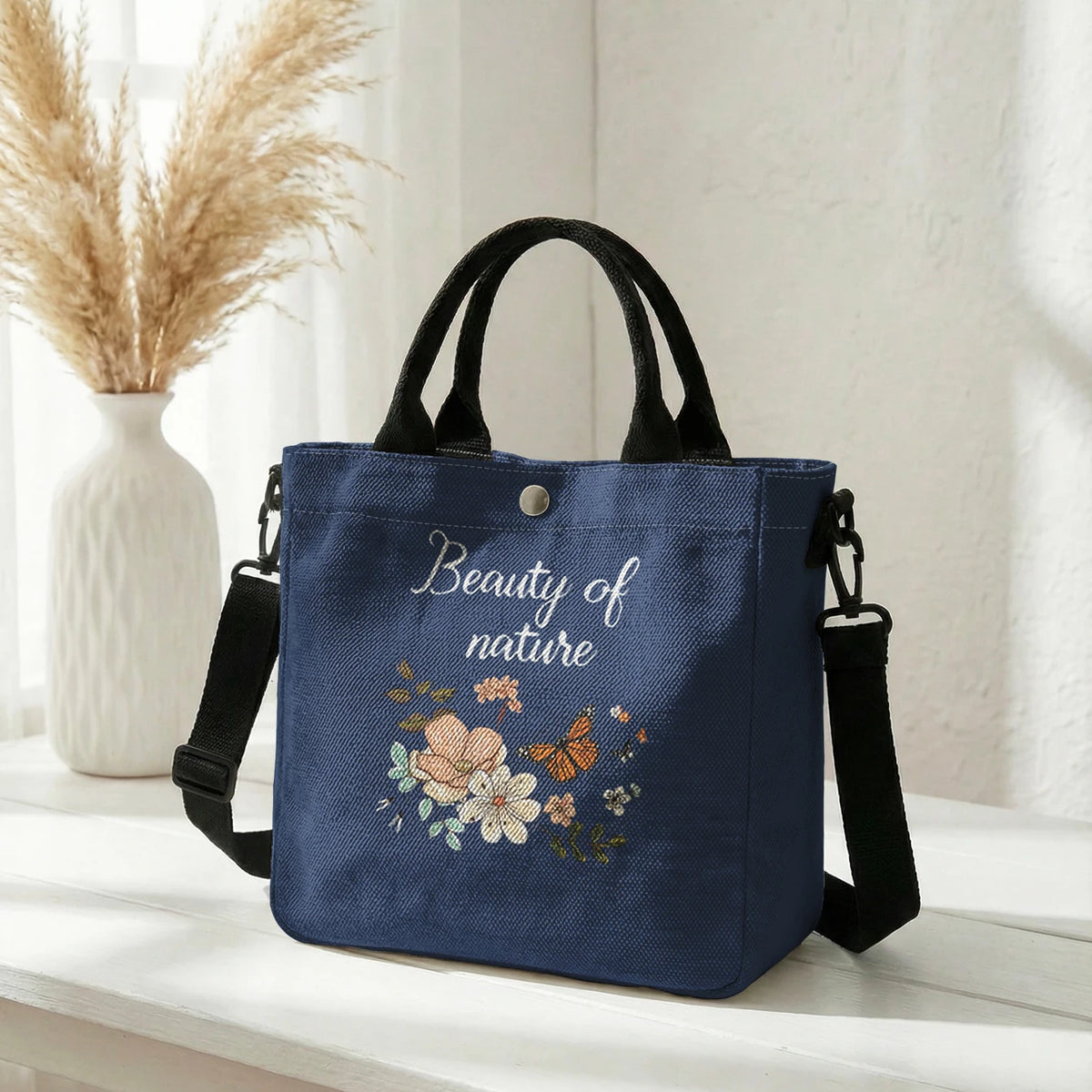 Floral Butterfly Tote Bag with Detachable Crossbody Strap