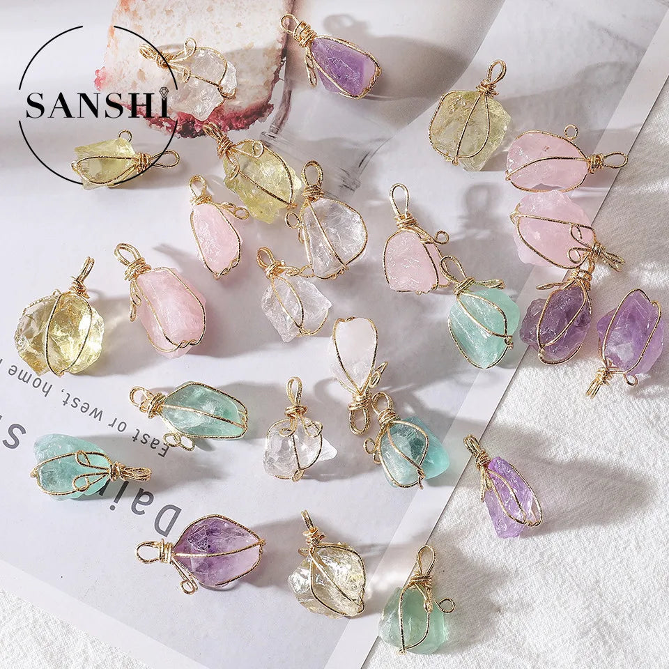 Natural Stone Crystal Pendant Necklace — Twisted Wire Wrap in Gold or Silver Tone