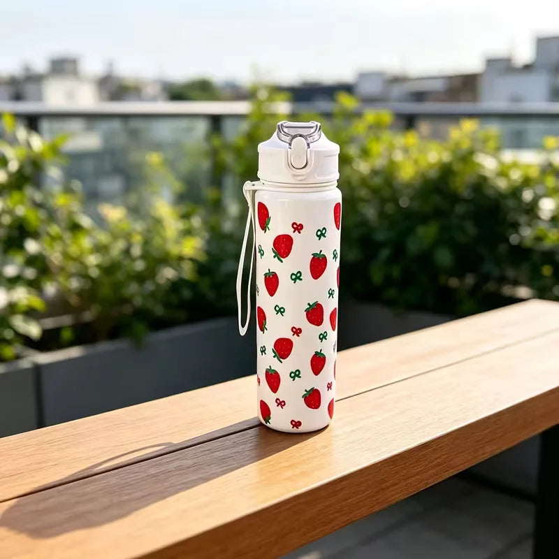 750ml Cute Floral Straw Cup | Strawberry Cherry Flower Bowknot Print