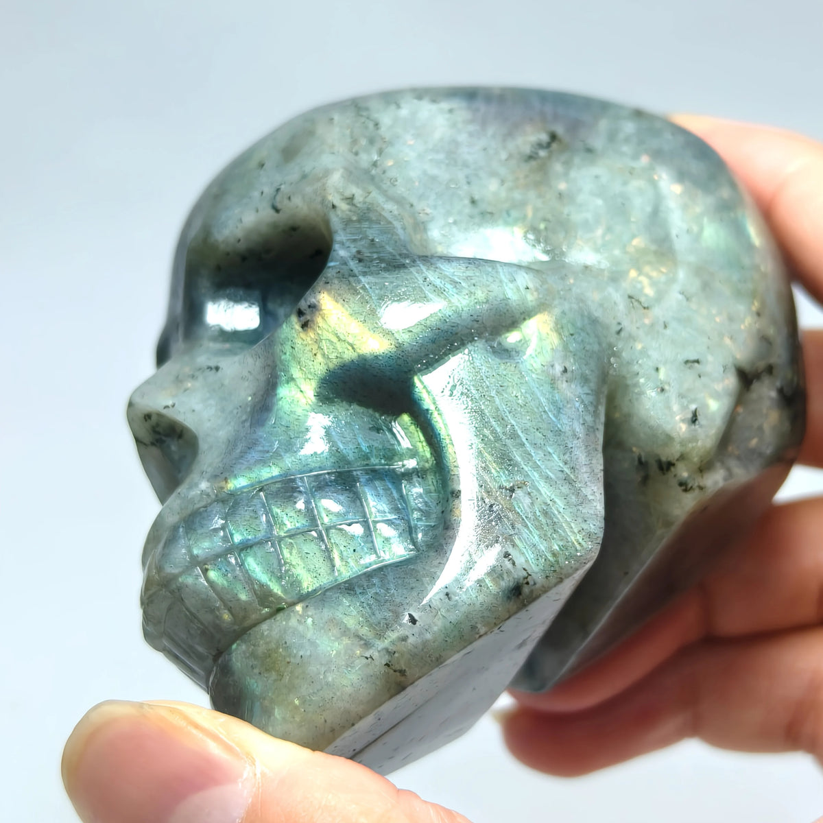 Flash Labradorite Crystal Skull | Carved Healing Stone | Halloween & Meditation Decor