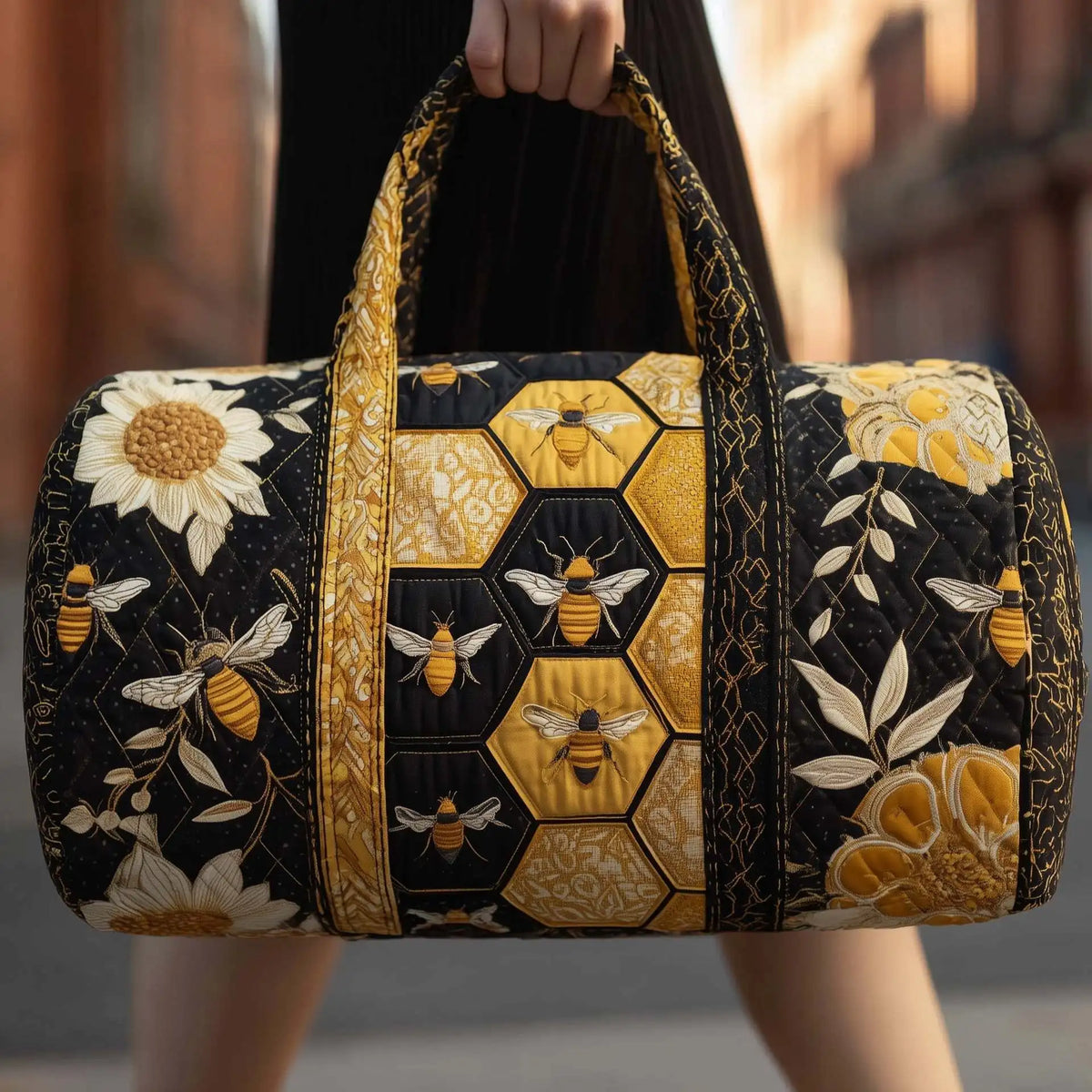 Bee Print Quilted Duffle Bag | Boho Travel & Gym Tote
