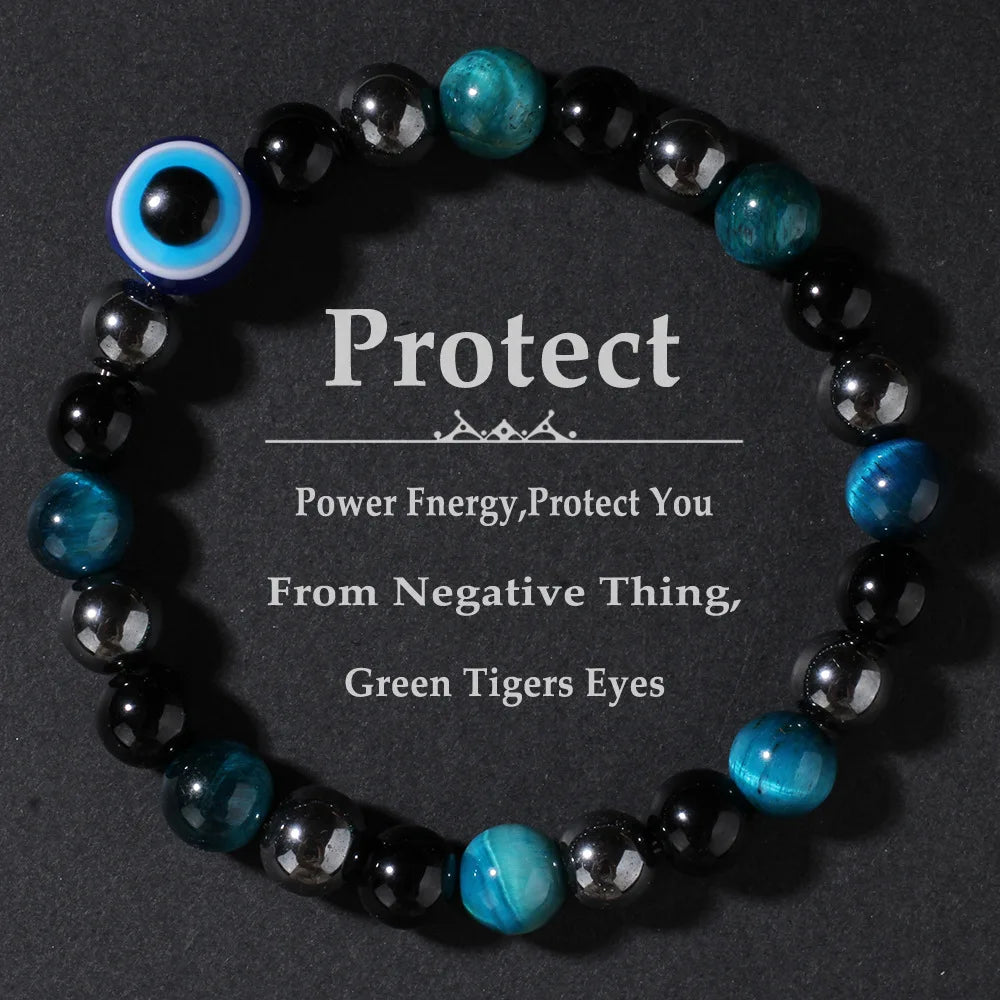 Triple Protection Bracelet — Tiger’s Eye, Black Obsidian & Evil Eye Handmade Beaded Bracelet