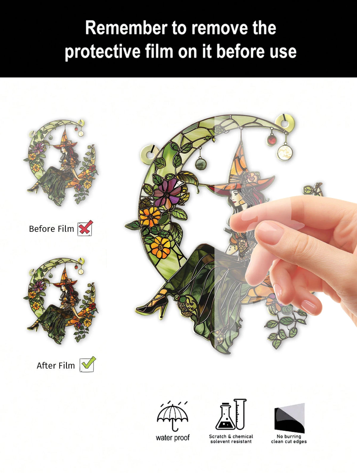 Halloween Witch & Crescent Moon 2D Acrylic Suncatcher | Boho Window Hanging Ornament