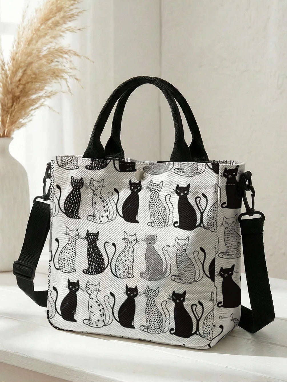 Black & White Cat Print Tote Bag with Detachable Strap