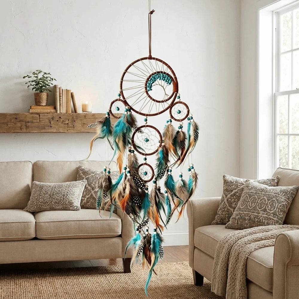 Turquoise Desert Dreamcatcher | Boho Wall Hanging with Stone & Feather Accents