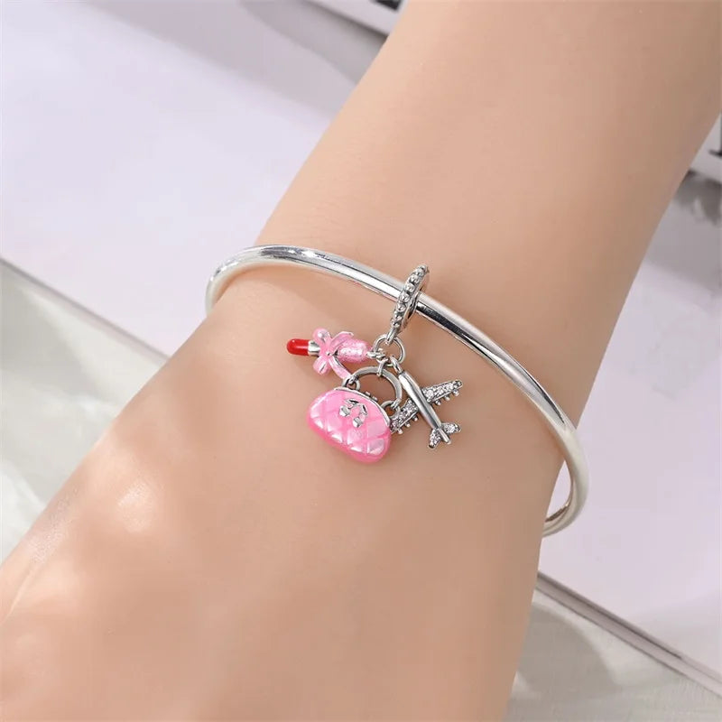 925 Sterling Silver Pink Travel Bag Charm – Zircon Bracelet Pendant for Women