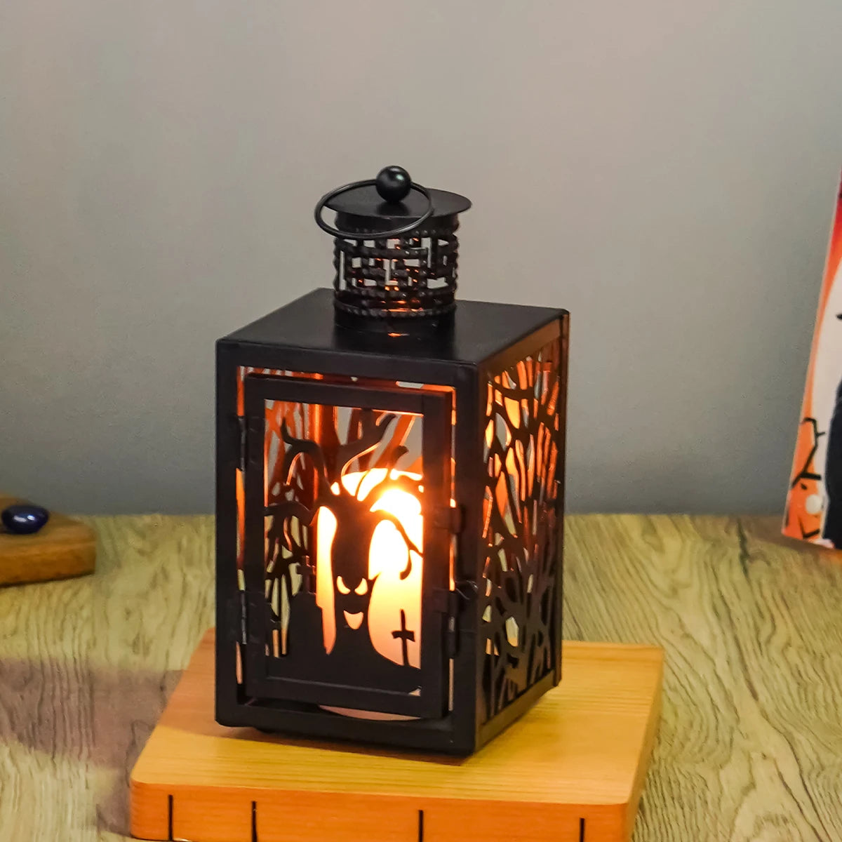 Halloween Iron Hollowed Lantern | Candle Lantern in Cat, Witch, Haunted House & Spooky Tree