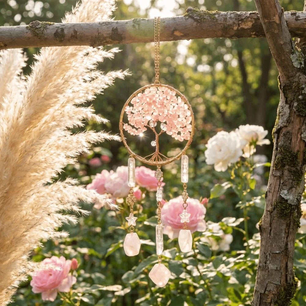 Rose Quartz Tree of Life Suncatcher | Boho Window Hanging
