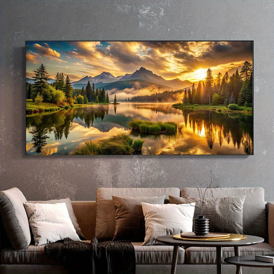 Golden Sunrise Snowy Mountains Canvas Print — Boho Landscape Wall Art