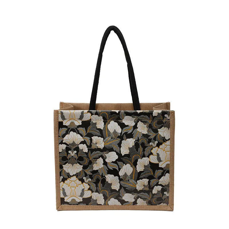 Floral Linen Tote Bag | Boho Bento Shoulder Bag for Women