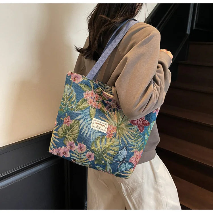Floral Canvas Shoulder Tote | Four Colors & Two Sizes