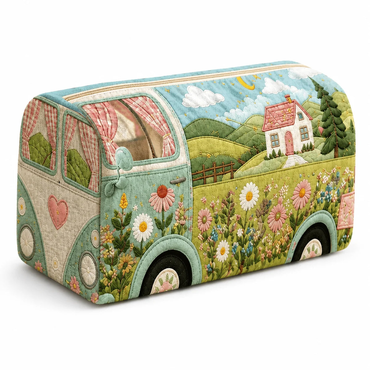 Vintage Camper Quilted Makeup Bag | Boho Floral Travel Pouch