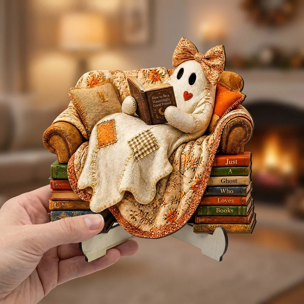 Ghost Reading Book Wooden Figurine | Rustic Farmhouse Halloween Decor for Book Lovers